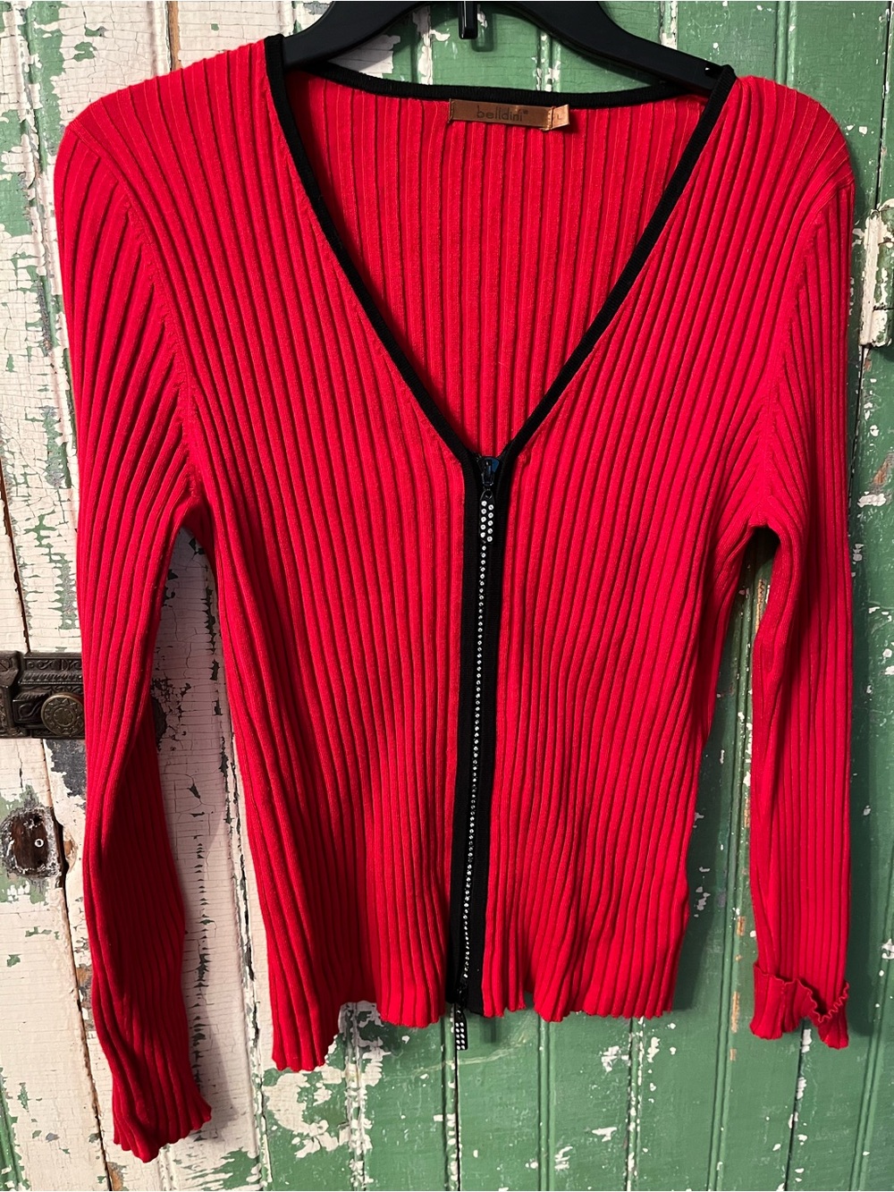 Belldini Red Ribbed Rhinstone Zip Front V-neck Sweater Size Large